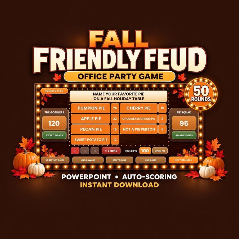 A digital game slide titled Fall Friendly Feud Office Party Game with autumn leaves and pumpkins.