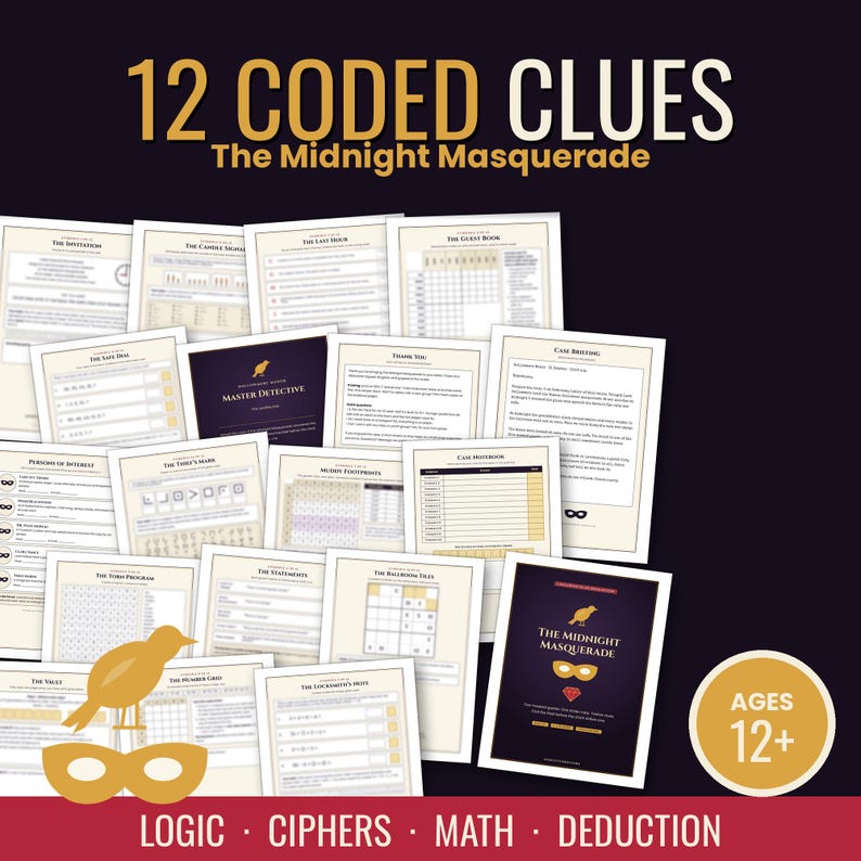Puede incluir: Una colecci&oacute;n de hojas de juego impresas tituladas 12 Coded Clues: The Midnight Masquerade. Los documentos incluyen acertijos l&oacute;gicos, cifrados y problemas matem&aacute;ticos. Un icono de p&aacute;jaro y m&aacute;scara dorados aparece en la parte inferior.