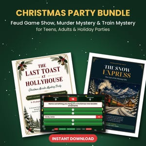 Puede incluir: Un paquete de juegos para fiestas navide&ntilde;as que incluye tres sets: el misterio de asesinato The Last Toast at Hollyhouse, el misterio de tren The Snow Express y una interfaz de juego tipo concurso. El texto incluye t&iacute;tulos, descripciones y un bot&oacute;n de descarga.
