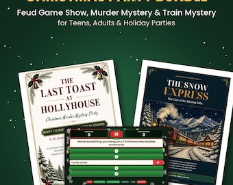 Może przedstawiać: Zestaw gier na przyjęcie świąteczne zawierający trzy pakiety: kryminał The Last Toast at Hollyhouse, zagadkę kolejową The Snow Express oraz cyfrowy interfejs teleturnieju. Tekst zawiera tytuły, opisy gier oraz przycisk natychmiastowego pobierania.