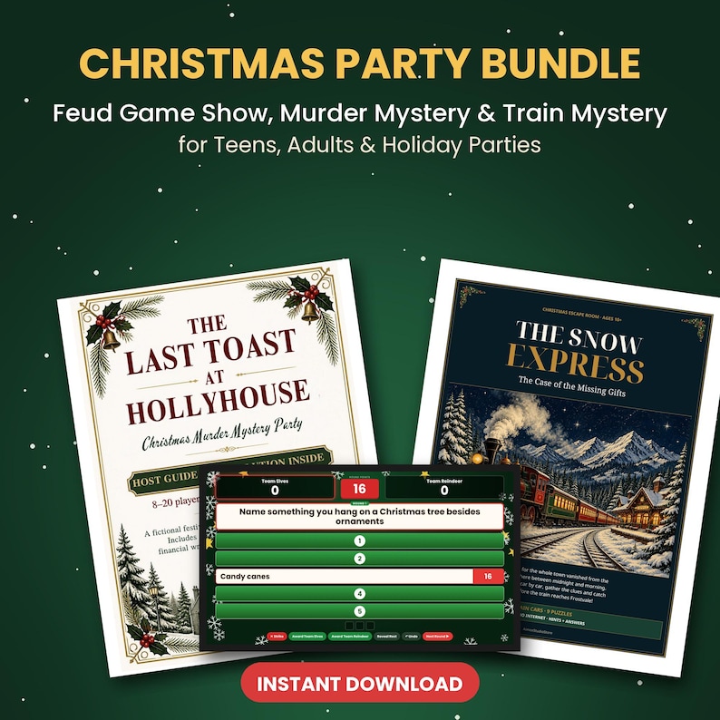 Puede incluir: Un paquete de juegos para fiestas navide&ntilde;as que incluye tres sets: el misterio de asesinato The Last Toast at Hollyhouse, el misterio de tren The Snow Express y una interfaz de juego tipo concurso. El texto incluye t&iacute;tulos, descripciones y un bot&oacute;n de descarga.