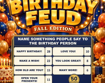 May include: A Birthday Feud Fall Edition PowerPoint game graphic featuring gold text on a blue background with balloons and autumn leaves. The game board displays the question Name Something People Say To The Birthday Person with seven numbered answer boxes and a 50 rounds badge.