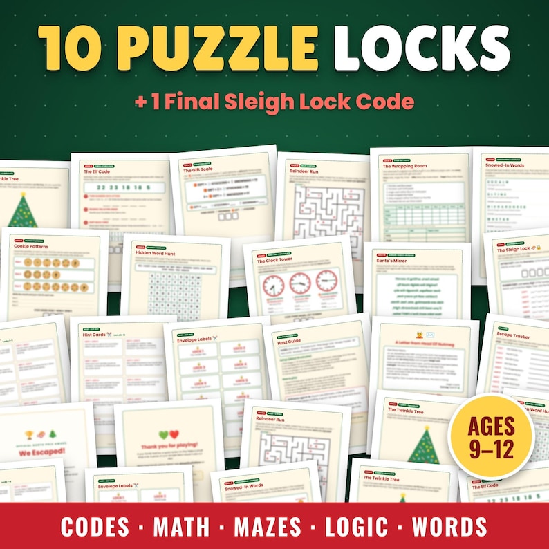 May include: A collection of printable puzzle game sheets featuring 10 puzzle locks and a final sleigh lock code. The pages include various activities like math, mazes, logic, and word games, with a yellow circular badge stating AGES 9-12.