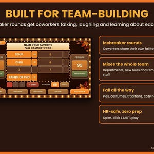 An informational slide explaining the team-building features and icebreaker rounds of the game.