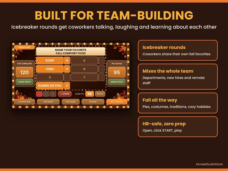 An informational slide explaining the team-building features and icebreaker rounds of the game.