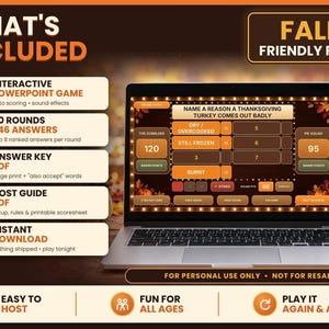 What is included graphic showing a laptop displaying the game alongside lists for interactive PowerPoint, 50 rounds, answer key PDF, and host guide PDF.