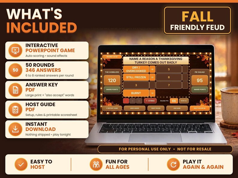 What is included graphic showing a laptop displaying the game alongside lists for interactive PowerPoint, 50 rounds, answer key PDF, and host guide PDF.