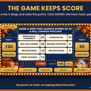 Puede incluir: Un tablero de juego digital con fondo azul oscuro y el texto THE GAME KEEPS SCORE. El tablero muestra una pregunta de encuesta sobre una comida compartida de oto&ntilde;o en la iglesia con valores de puntos para platos como pastel de calabaza.