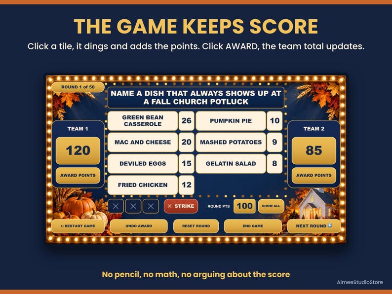 Puede incluir: Un tablero de juego digital con fondo azul oscuro y el texto THE GAME KEEPS SCORE. El tablero muestra una pregunta de encuesta sobre una comida compartida de oto&ntilde;o en la iglesia con valores de puntos para platos como pastel de calabaza.