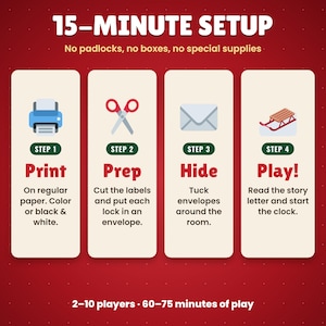 May include: A four-step instructional graphic on a red background titled 15-MINUTE SETUP. Steps include: 1. Print with a printer icon, 2. Prep with scissors, 3. Hide with an envelope, and 4. Play with a sled icon. Text notes 2-10 players and 60-75 minutes.