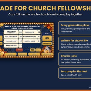 Puede incluir: Un tablero de juego digital titulado MADE FOR CHURCH FELLOWSHIP con un juego de encuestas de tem&aacute;tica oto&ntilde;al. La pantalla muestra una pregunta sobre platos para comidas de iglesia, puntuaciones de 120 y 85, y varios alimentos.