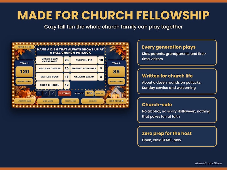 Puede incluir: Un tablero de juego digital titulado MADE FOR CHURCH FELLOWSHIP con un juego de encuestas de tem&aacute;tica oto&ntilde;al. La pantalla muestra una pregunta sobre platos para comidas de iglesia, puntuaciones de 120 y 85, y varios alimentos.