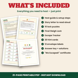 May include: A 21-page printable PDF game kit featuring a host guide, story letter, 10 lock puzzles, a final sleigh lock, escape tracker, 20 hint cards, 12 envelope labels, answer key, and a We Escaped certificate for a Christmas-themed escape room.