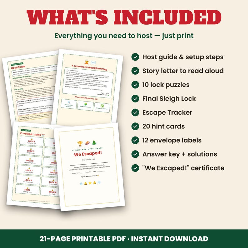 May include: A 21-page printable PDF game kit featuring a host guide, story letter, 10 lock puzzles, a final sleigh lock, escape tracker, 20 hint cards, 12 envelope labels, answer key, and a We Escaped certificate for a Christmas-themed escape room.