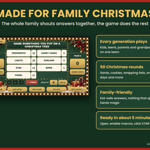 May include: A digital Christmas game interface on a dark green background with the title MADE FOR FAMILY CHRISTMAS. The screen displays a game board with survey answers like ornaments, lights, star, tinsel, candy canes, garland, and bows.