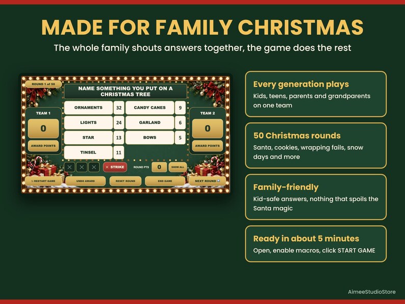 May include: A digital Christmas game interface on a dark green background with the title MADE FOR FAMILY CHRISTMAS. The screen displays a game board with survey answers like ornaments, lights, star, tinsel, candy canes, garland, and bows.