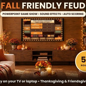 Fall Friendly Feud game displayed on a television in a cozy living room decorated for autumn with pumpkins and candles.