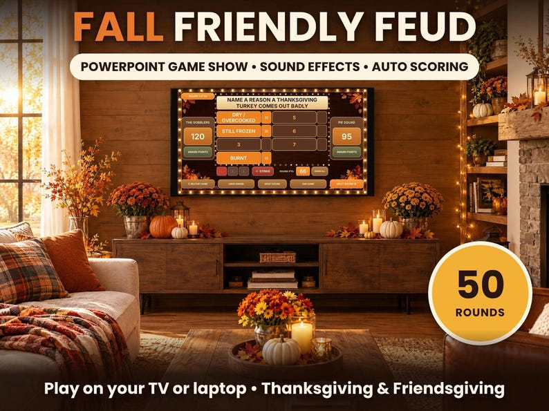 Fall Friendly Feud game displayed on a television in a cozy living room decorated for autumn with pumpkins and candles.