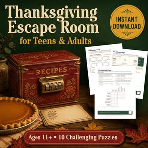Puede incluir: Un kit de juego de escape de Acción de Gracias para adolescentes y adultos que incluye una caja de recetas de metal rojo con candado de combinación, un pastel de calabaza, tarjetas de recetas en blanco y hojas de rompecabezas tituladas The Recipe Card, Uncle Roy's Flight y The Seating Chart.