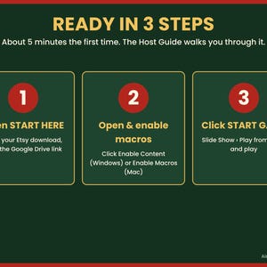 May include: A dark green instructional graphic titled READY IN 3 STEPS. It outlines three steps: 1. Open START HERE via Google Drive link, 2. Open and enable macros, and 3. Click START GAME to play from the slide show. AimeeStudioStore is at the bottom.