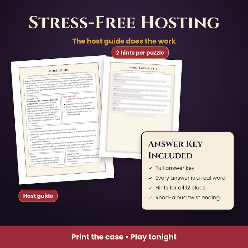 Puede incluir: Un kit de juego de misterio imprimible que incluye una gu&iacute;a para el anfitri&oacute;n y hojas de pistas. El texto incluye STRESS-FREE HOSTING, The host guide does the work, 2 hints per puzzle, HINTS - EVIDENCE 1-3 y ANSWER KEY INCLUDED con una lista de caracter&iacute;sticas. Los documentos son blancos con texto negro.