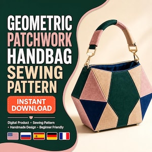 Può includere: Una borsa a mano in patchwork geometrico con un design multicolore composto da pannelli verde scuro, rosa polvere e blu navy. La borsa presenta un manico singolo con blocchi di colore coordinati e finiture in metallo dorato. Testo: GEOMETRIC PATCHWORK HANDBAG SEWING PATTERN INSTANT DOWNLOAD.