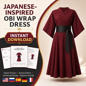 May include: A deep red wrap dress with wide sleeves and a black obi-style sash at the waist. The image includes text reading JAPANESE-INSPIRED OBI WRAP DRESS and INSTANT DOWNLOAD, alongside a digital sewing pattern document with diagrams.