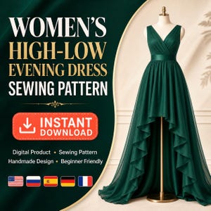 High-Low Evening Dress Sewing Pattern, Women’s Formal Gown PDF Pattern digital download