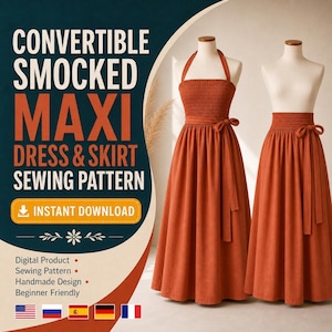 May include: A digital sewing pattern for a convertible smocked maxi dress and skirt in a rust orange color. The image displays text reading CONVERTIBLE SMOCKED MAXI DRESS & SKIRT SEWING PATTERN and INSTANT DOWNLOAD, with two mannequins wearing the garment.