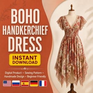 Boho Handkerchief Dress Sewing Pattern PDF, Flutter Sleeve Smocked Waist Dress