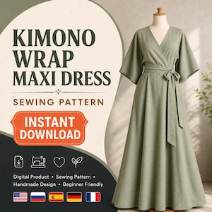 May include: A sage green kimono wrap maxi dress displayed on a mannequin. The text reads KIMONO WRAP MAXI DRESS SEWING PATTERN INSTANT DOWNLOAD. Icons for a file, sewing machine, heart, and leaf are present, along with five national flags.
