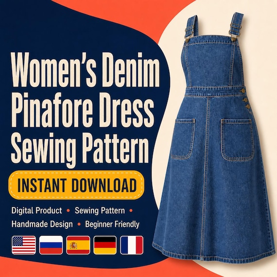 Women's Denim Pinafore Dress Sewing Pattern, Midi Overall Dress PDF, Instant Download