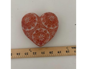 Hand carved Red Soapstone  floral heart paperweight