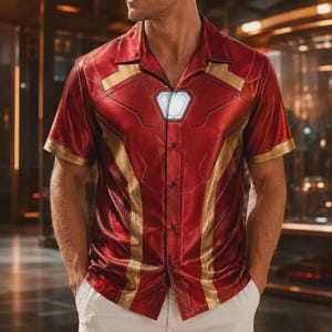 Camicia con bottoni a tema Iron Man, camicia di Iron Man per Halloween, camicia ispirata ai supereroi, costume da cosplay del film Iron Man, regalo per fan dei supereroi