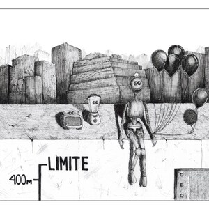 Pode incluir: Um desenho a tinta a preto e branco de um robô sentado numa borda segurando um grupo de balões. Ao lado do robô estão uma pequena televisão e uma liquidificadora. Ao fundo, edifícios. O texto 400M LIMITE é visível à esquerda.