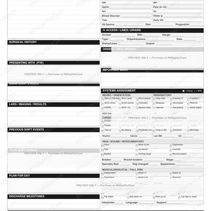 May include: A white medical nursing report sheet with black text and lines. Sections include patient information, past medical history, vital signs, IV access, surgical history, systems assessment, and discharge milestones with RNSightfulCare branding.