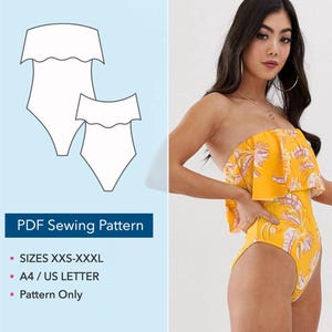 May include: A PDF sewing pattern for a strapless one-piece swimsuit with a ruffled neckline. The pattern includes sizes XXS-XXXL and is formatted for A4 or US Letter paper. The design features a yellow fabric with a pink and white leaf print.