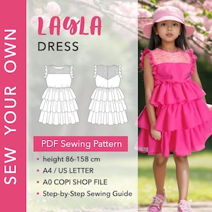 May include: A PDF sewing pattern for the Layla Dress, featuring a line drawing of a sleeveless dress with a tiered skirt and lace bodice. The pattern includes a step-by-step sewing guide for heights 86-158 cm, compatible with A4, US Letter, and A0 copy shop files.