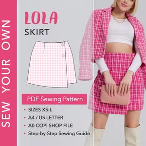 Puede incluir: Un patrón de costura en PDF para la falda Lola, con una ilustración gráfica de una falda cruzada a cuadros rosas y blancos con dos botones. El texto dice SEW YOUR OWN, LOLA SKIRT, PDF Sewing Pattern, SIZES XS-L, A4 / US LETTER, A0 COPI SHOP FILE.