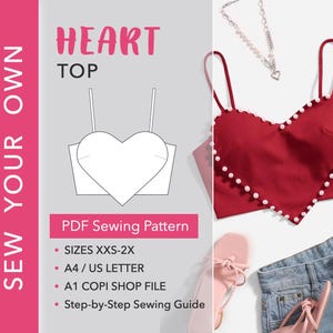 Patrón de costura para top con forma de corazón en PDF, patrón para top corto, patrón para top de mujer, patrón digital en PDF, patrón de ropa para hacer tú mismo