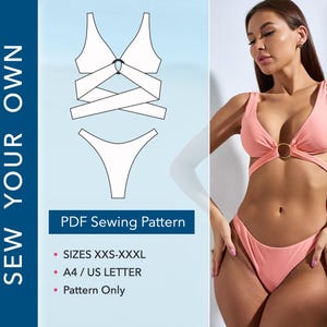 Può includere: Un cartamodello PDF per un bikini a due pezzi con top a portafoglio con anello dorato centrale e slip a sgambatura alta. Il testo riporta SEW YOUR OWN, PDF Sewing Pattern, SIZES XXS-XXXL, A4 / US LETTER, e Pattern Only.