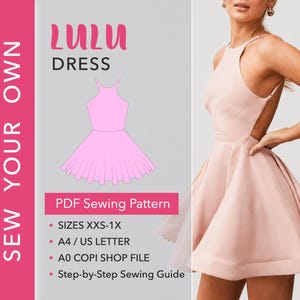 Patrón de costura en PDF para vestido skater con tirantes finos, patrón de minivestido, patrón de vestido para mujer, patrón digital en PDF, patrón de ropa para hacer tú misma.