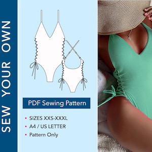 May include: A PDF sewing pattern for a one-piece swimsuit with side lace-up details. The graphic shows the technical line drawing of the swimsuit, the text SEW YOUR OWN, and the sizes XXS-XXXL. A light green swimsuit with side ties is shown.