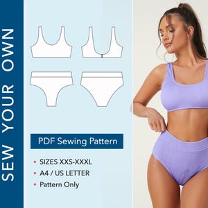 May include: A PDF sewing pattern for a two-piece ribbed bikini set in lavender. The image displays technical line drawings of a scoop-neck top and high-waisted bottoms, alongside text reading SEW YOUR OWN, PDF Sewing Pattern, SIZES XXS-XXXL, A4 / US LETTER, and Pattern Only.