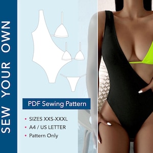 May include: A PDF sewing pattern for a one-piece swimsuit featuring an asymmetrical design with a black main body and a neon yellow strap and cup section. The text SEW YOUR OWN and PDF Sewing Pattern is visible alongside technical line drawings.