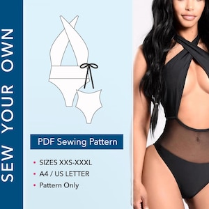 Peut inclure: Un body noir avec un décolleté dos nu, des bretelles croisées et une section centrale en maille transparente. L'image contient le texte : SEW YOUR OWN, PDF Sewing Pattern, SIZES XXS-XXXL, A4 / US LETTER, Pattern Only, et un croquis du vêtement.