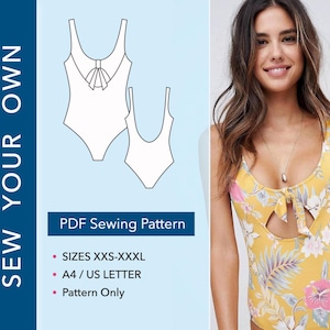 May include: A PDF sewing pattern for a one-piece swimsuit featuring a yellow floral print with pink and white flowers. The pattern includes a front tie detail, cut-out, and scoop neckline. Text includes SEW YOUR OWN, PDF Sewing Pattern, SIZES XXS-XXXL, A4 / US LETTER, and Pattern Only.