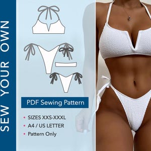 May include: A white textured bikini set featuring a halter top with a V-shaped notch and high-cut tie-side bottoms. The image includes text reading SEW YOUR OWN, PDF Sewing Pattern, SIZES XXS-XXXL, A4 / US LETTER, and Pattern Only.