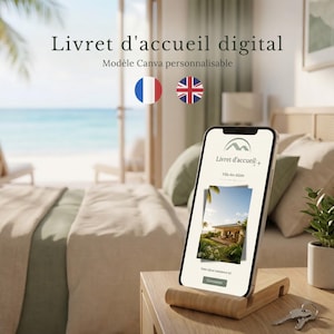 Peut inclure: Un smartphone sur un support en bois affichant un modèle de livret d'accueil numérique intitulé Livret d'accueil avec le texte Villa des Alizés et un bouton Commencer. L'écran montre une photo d'une maison tropicale avec des palmiers.