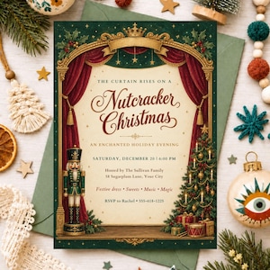 Puede incluir: Una tarjeta de invitación rectangular con temática navideña de Cascanueces, cortinas rojo oscuro, adornos dorados, una figura de cascanueces y un árbol de Navidad decorado. El texto dice: The curtain rises on a Nutcracker Christmas, an enchanted holiday evening, Saturday, December 20, 6:00 PM, hosted by The Sullivan Family, 58 Sugarplum Lane, Your City, festive dress, sweets, music, magic, RSVP to Rachel 555-618-1225.